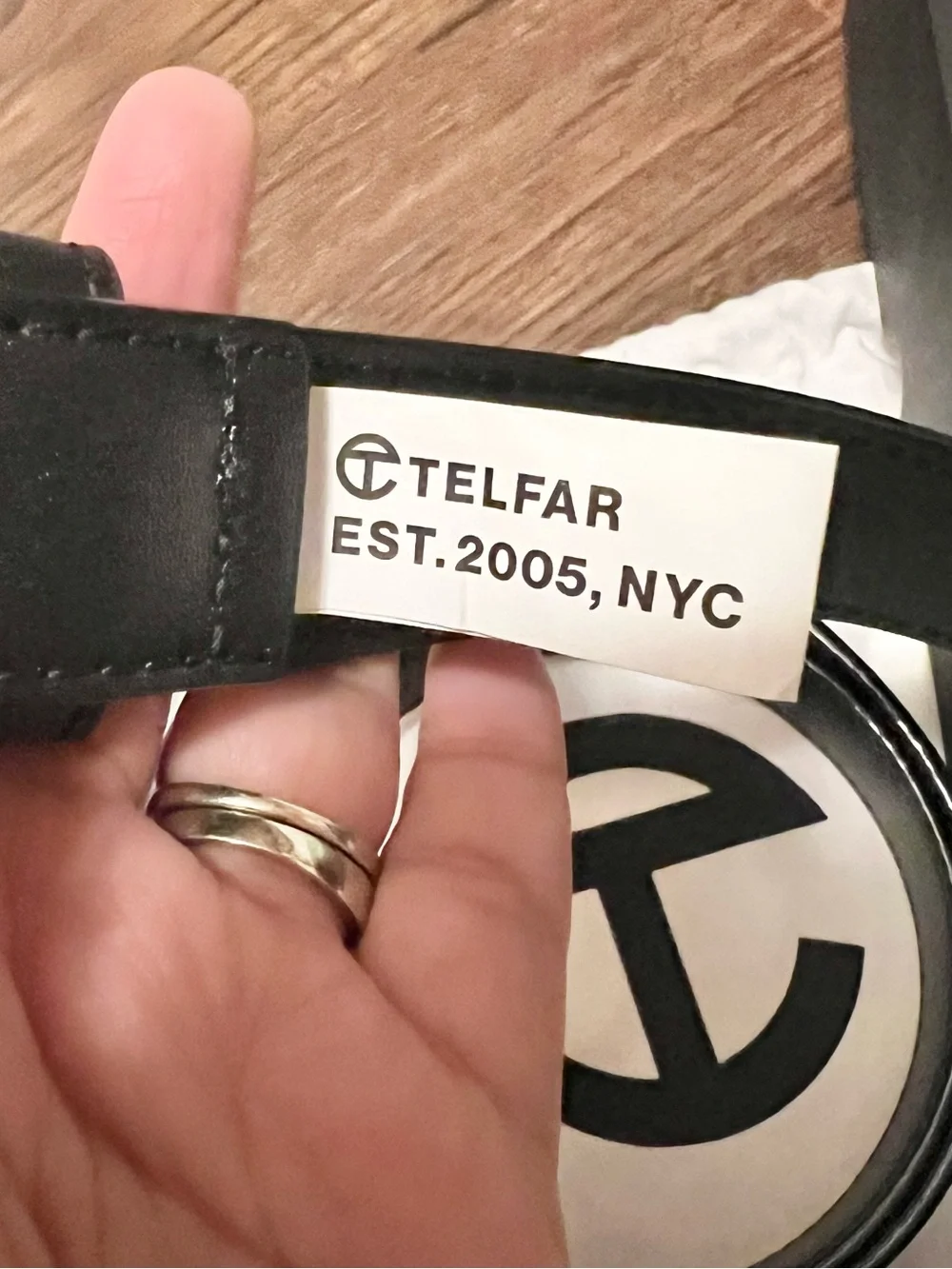 Telfar Black Leather Belt with Silver T Logo Buckle